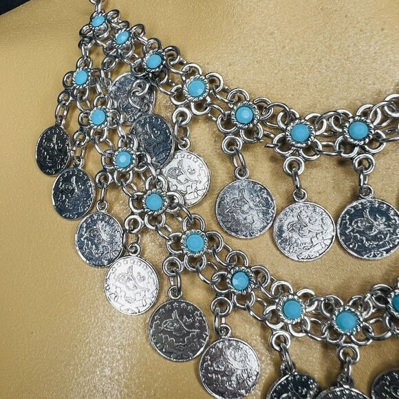 Lucky & Blessed Bohemian Floral Blue Silver Coin Layered Dangle Bib Necklace L&B - Picture 5 of 16